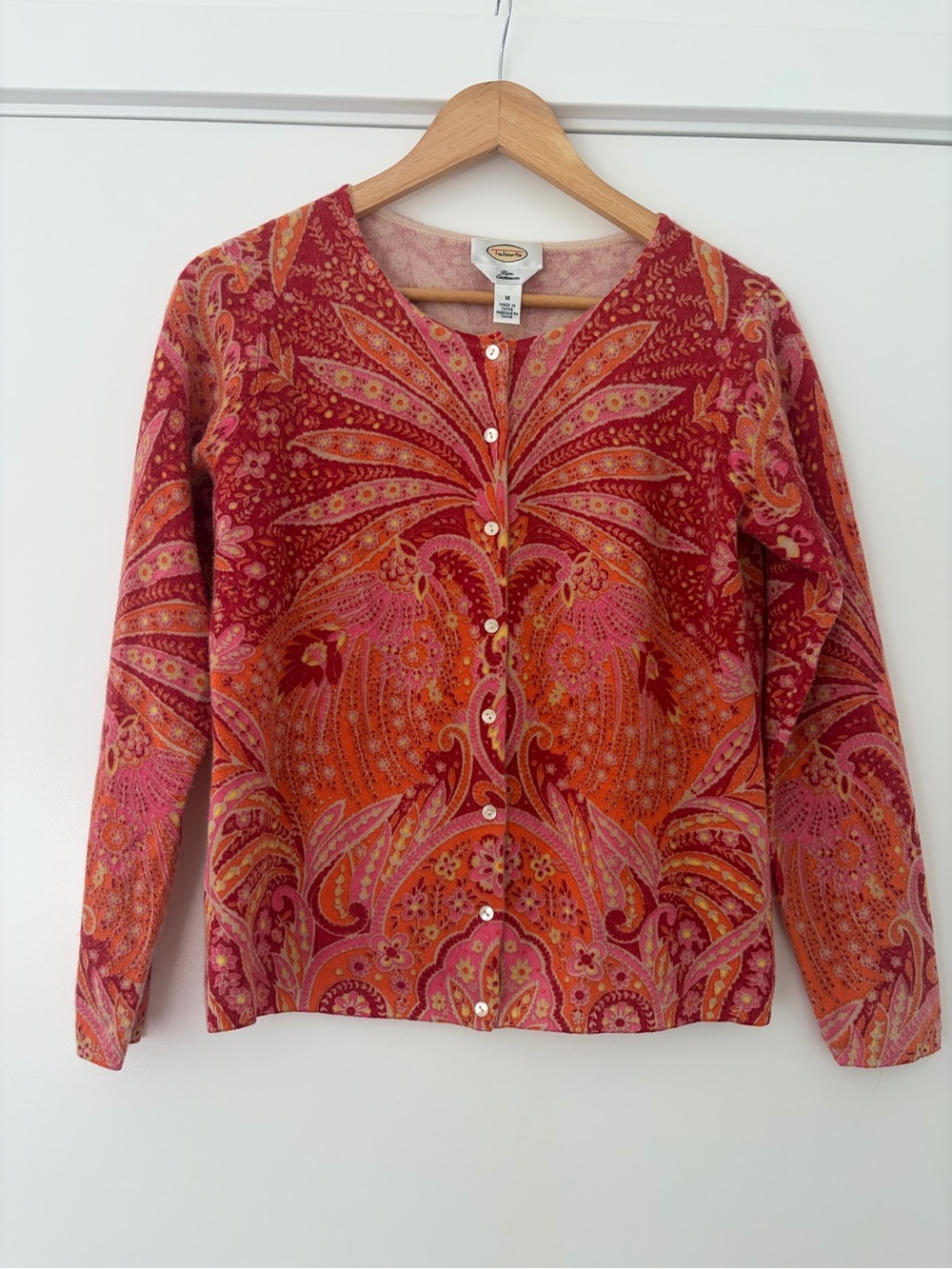 Y2K Talbots 100% Cashmere Red & Pink Paisley Button Cardigan M